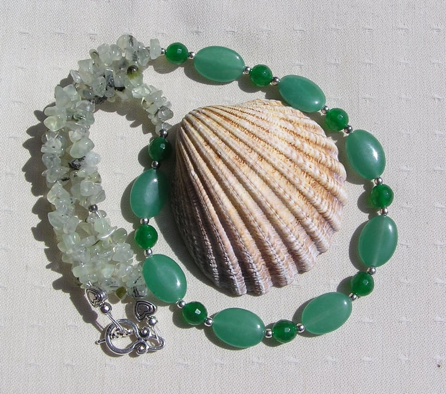 Green Aventurine, Green Jade & Prehnite Gemstone Statement Necklace "Gisselle"