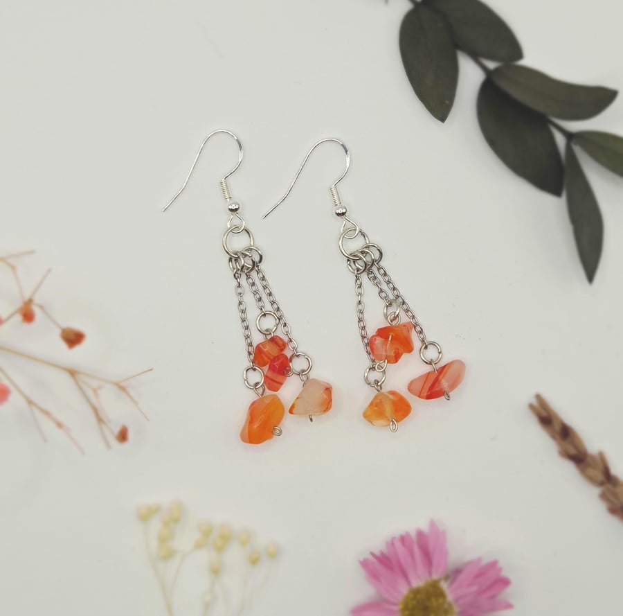 Silver dangle earrings with carnelian gemstone chips