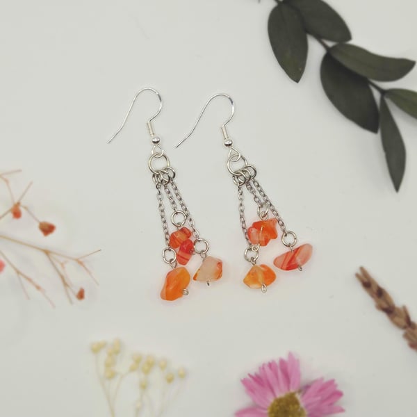 Silver dangle earrings with carnelian gemstone chips