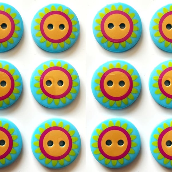 12 Bright Buttons, 19mm Wide, Bold Orange, Red and Green Flower on Light Blue