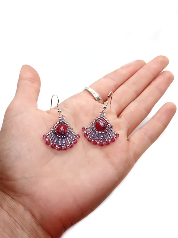 Red and ice blue beaded fan earrings