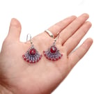 Red and ice blue beaded fan earrings