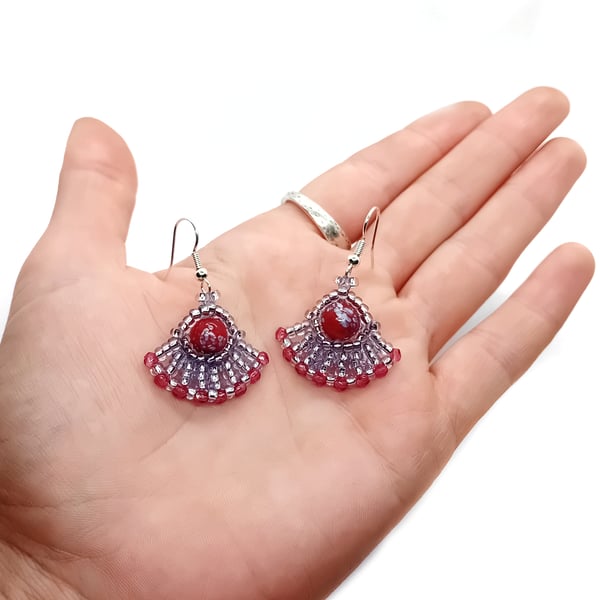 Red and ice blue beaded fan earrings