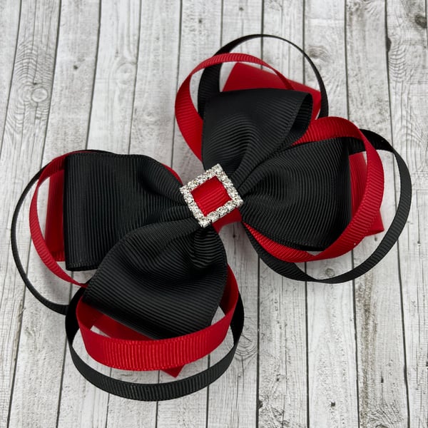 Large 5 inch Black and Red Double Layer Bow with Double Loops