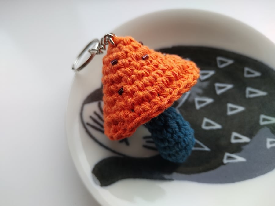 Crochet Mushroom Keyring - Orange & Navy