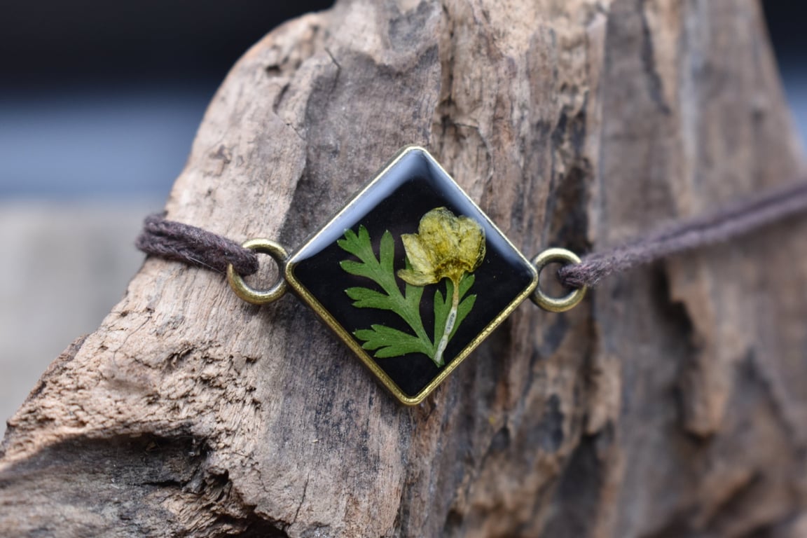 Adjustable Resin Bracelet with Real Sycamore Bud, Waxed Cotton Cord