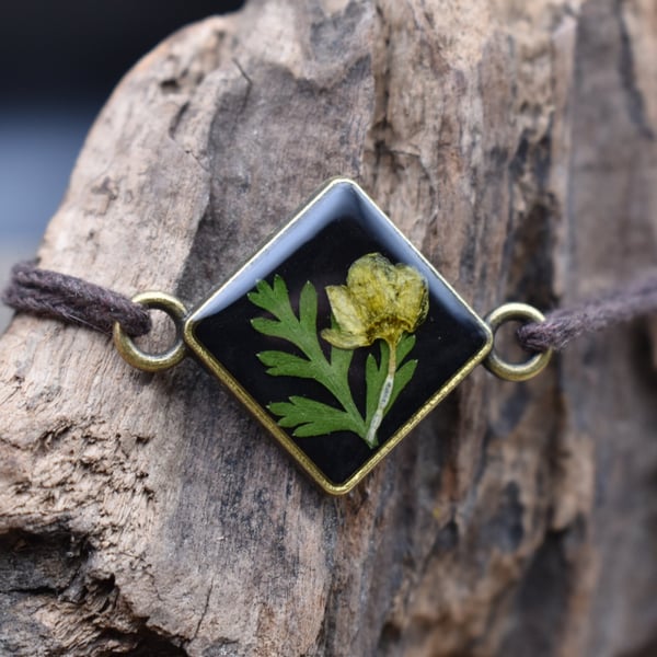 Adjustable Resin Bracelet with Real Sycamore Bud, Waxed Cotton Cord