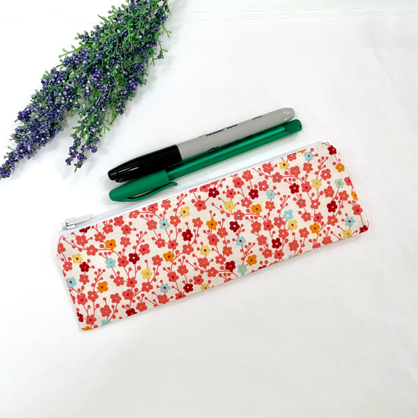 Slim Flat Pencil Case Ditsy Floral Flowers Fabric Lined with Zip 