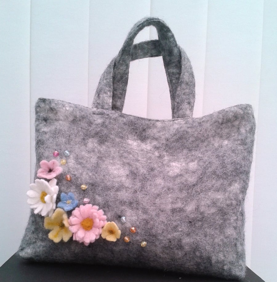 Nuno felted Tote Bag, handbag, shopping bag, grey with spring flowers