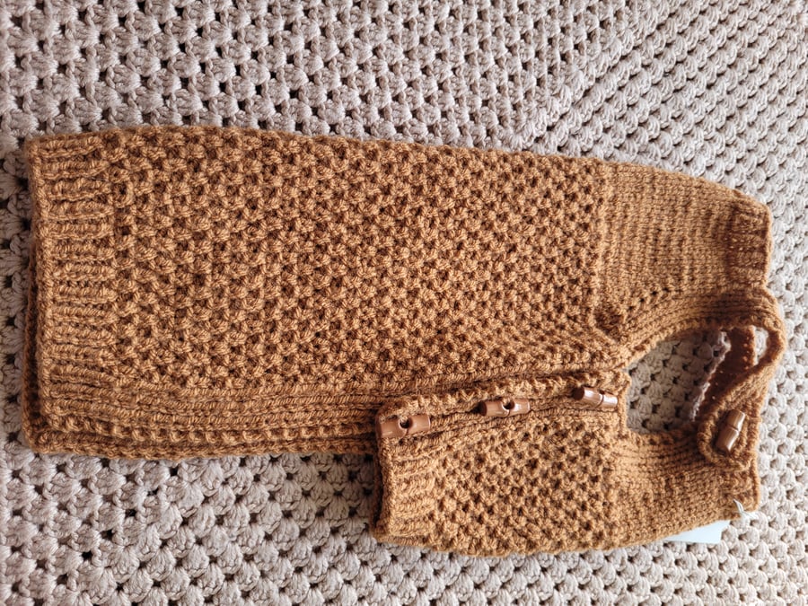 Tan . Dungarees style,  dog coat. Hand knitted 