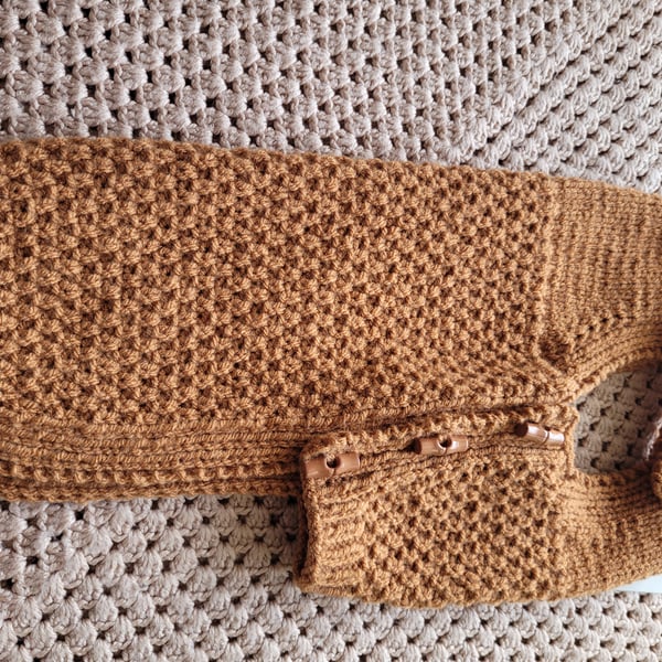 Tan . Dungarees style,  dog coat. Hand knitted 