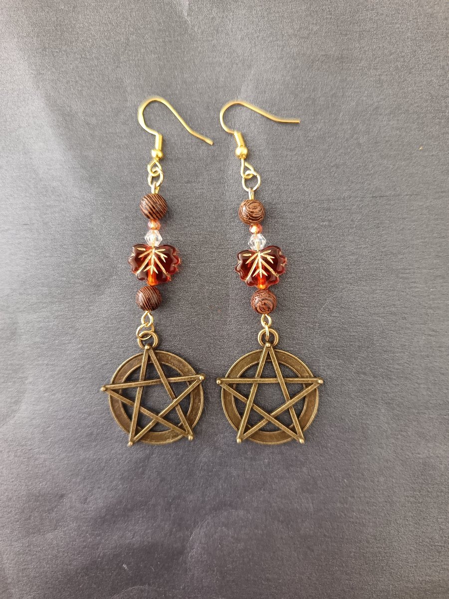 Nature-inspired bronze pentacle charm beaded earrings 