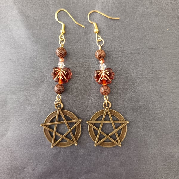 Nature-inspired bronze pentacle charm beaded earrings 