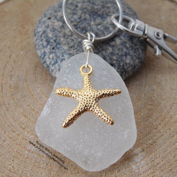 White Sea Glass with Gold Starfish Charm  Bag Charm Keyring K353