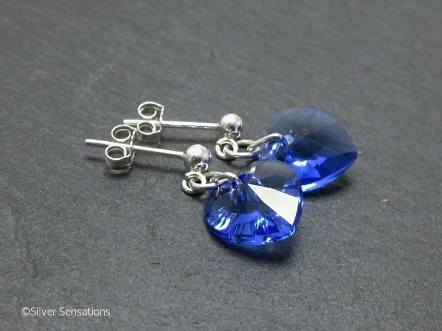 Sapphire Blue Swarovski Heart Crystals & Sterling Silver Elegant Stud Earrings