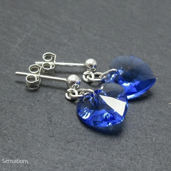 Sapphire Blue Swarovski Heart Crystals & Sterling Silver Elegant Stud Earrings