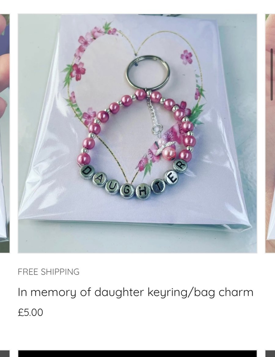 Key ring bag charm in memory of a dear daughter gift bereavement gift 