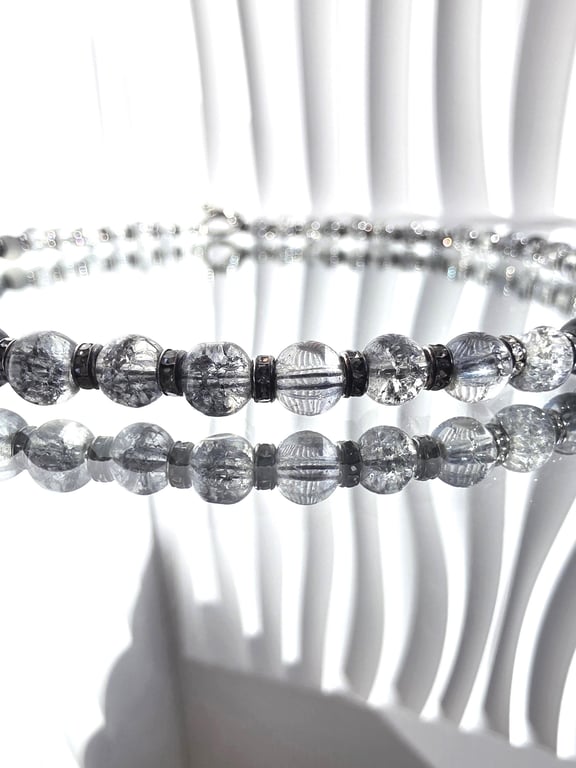 Black Crackle Glass Beaded Necklace Monochrome Handmade Choker