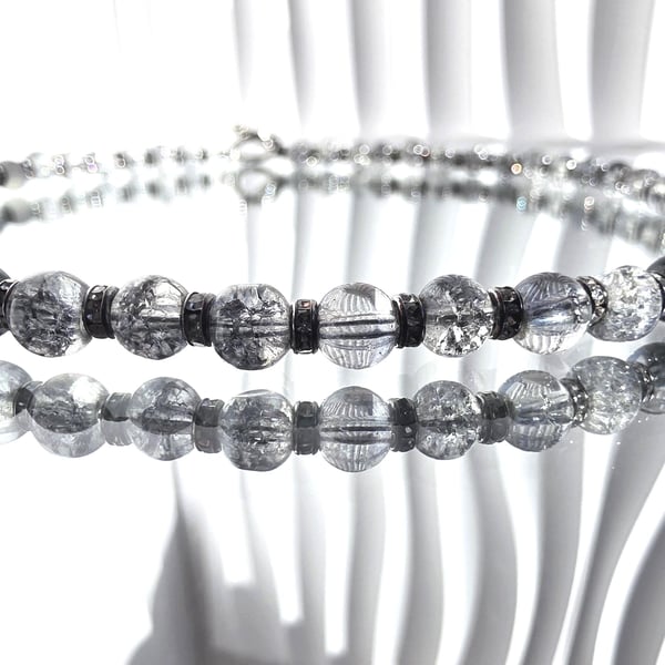Black Crackle Glass Beaded Necklace Monochrome Handmade Choker