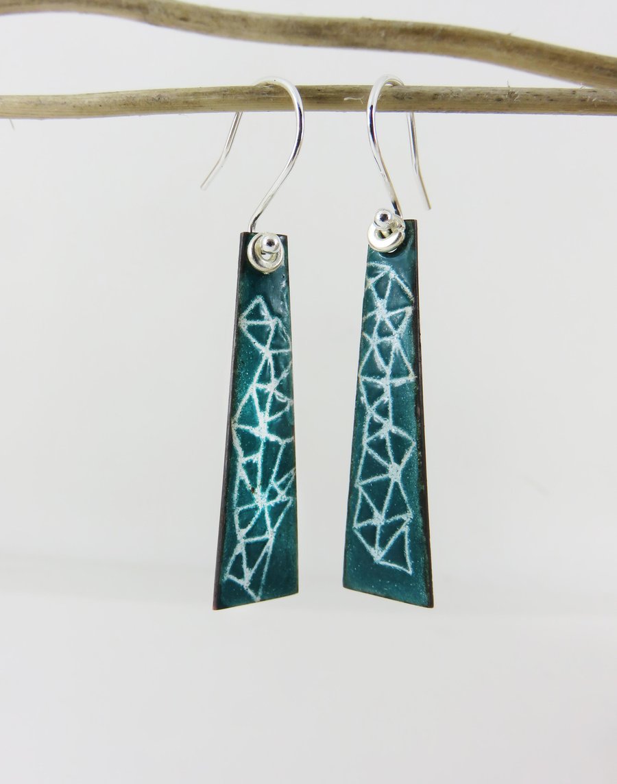 Dangle Copper Enamel Earrings with hand Drawn Detail