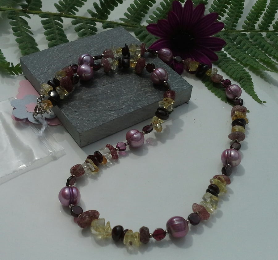 Rhodolite & Red Garnet,  Freshwater Pearls, Citrine Sterling Silver Necklace
