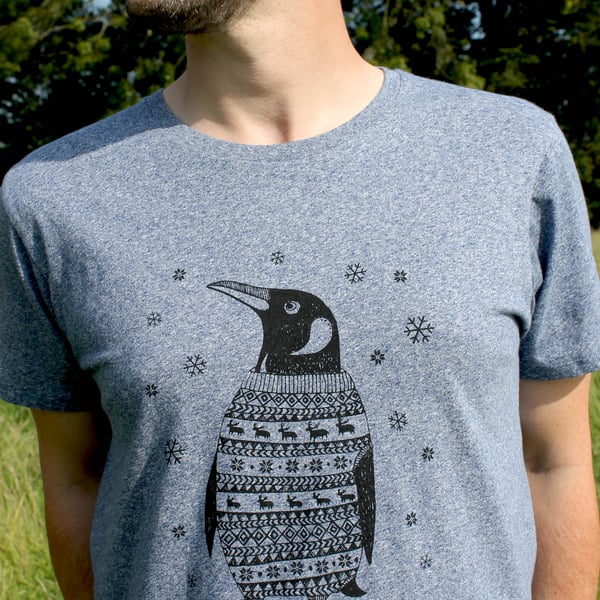 Organic Percy the Penguin melange blue Mens T-shirt SALE