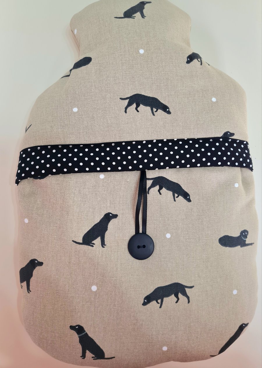 Hot water bottle cover in Sophie Allport Black Labs  fabric 