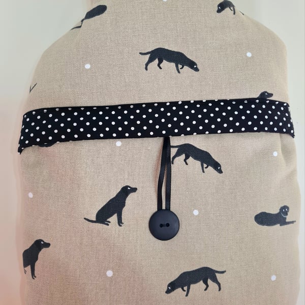 Hot water bottle cover in Sophie Allport Black Labs  fabric 