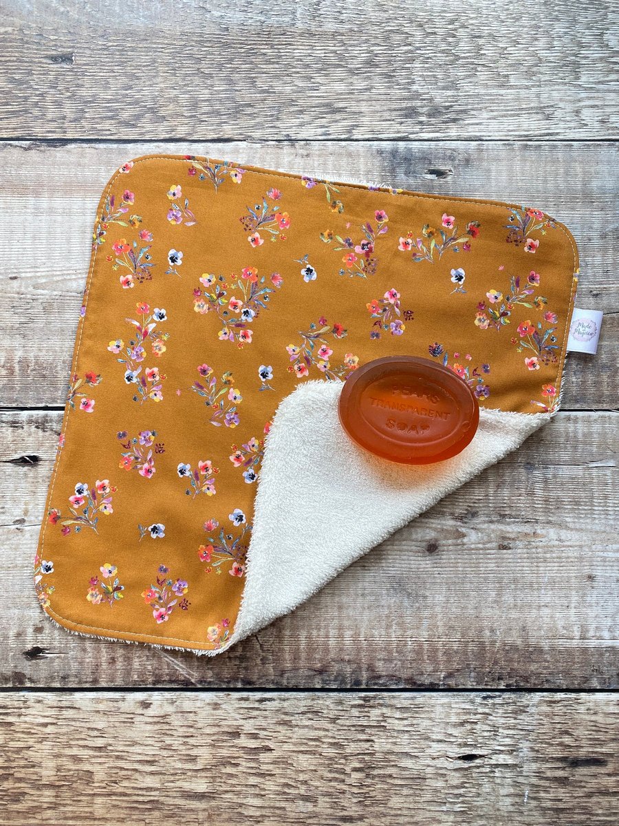 Organic Bamboo Cotton Wash Face Wipe Cloth Flannel Mustard Bright Flowers