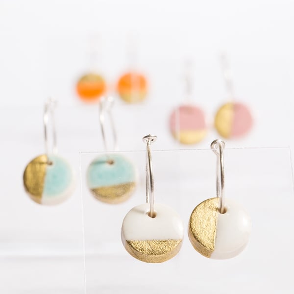 Porcelain Round White & Gold Hoop Earrings