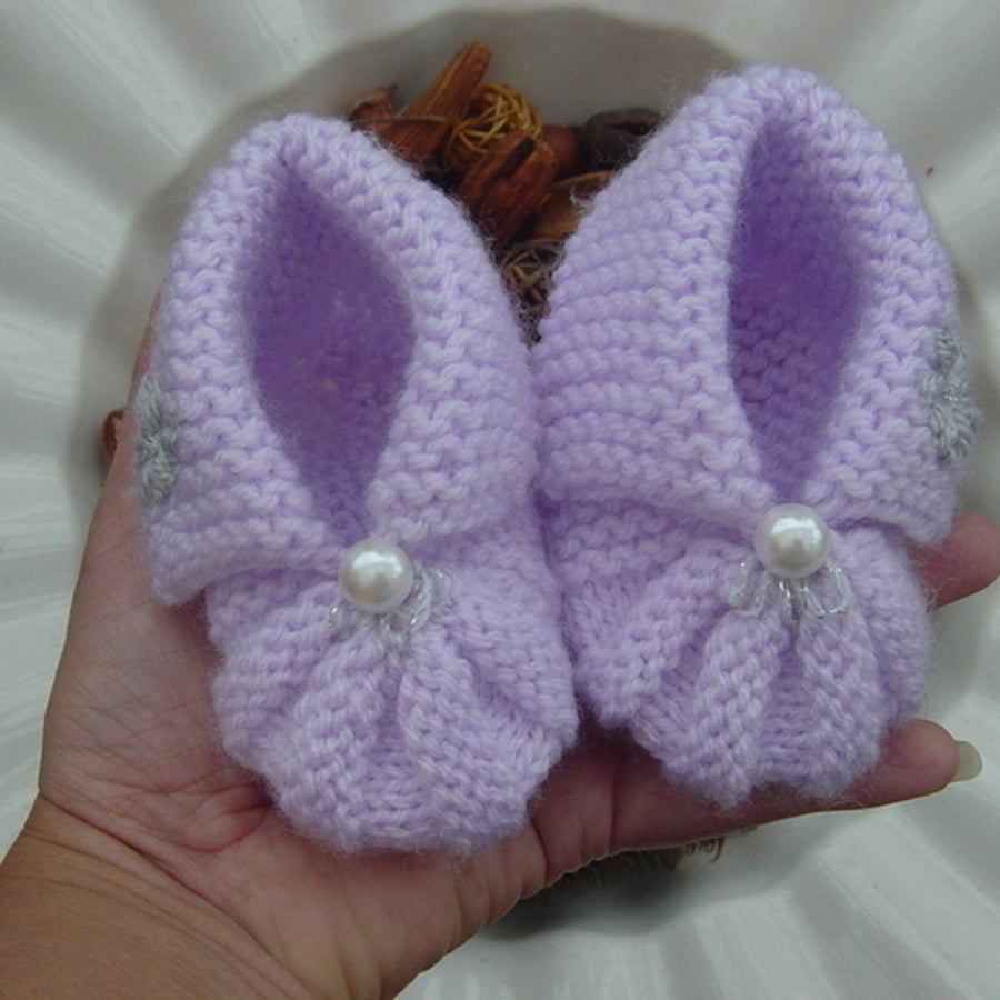 Lovely Lilac, Hand Knitted Baby Girl Shoes.