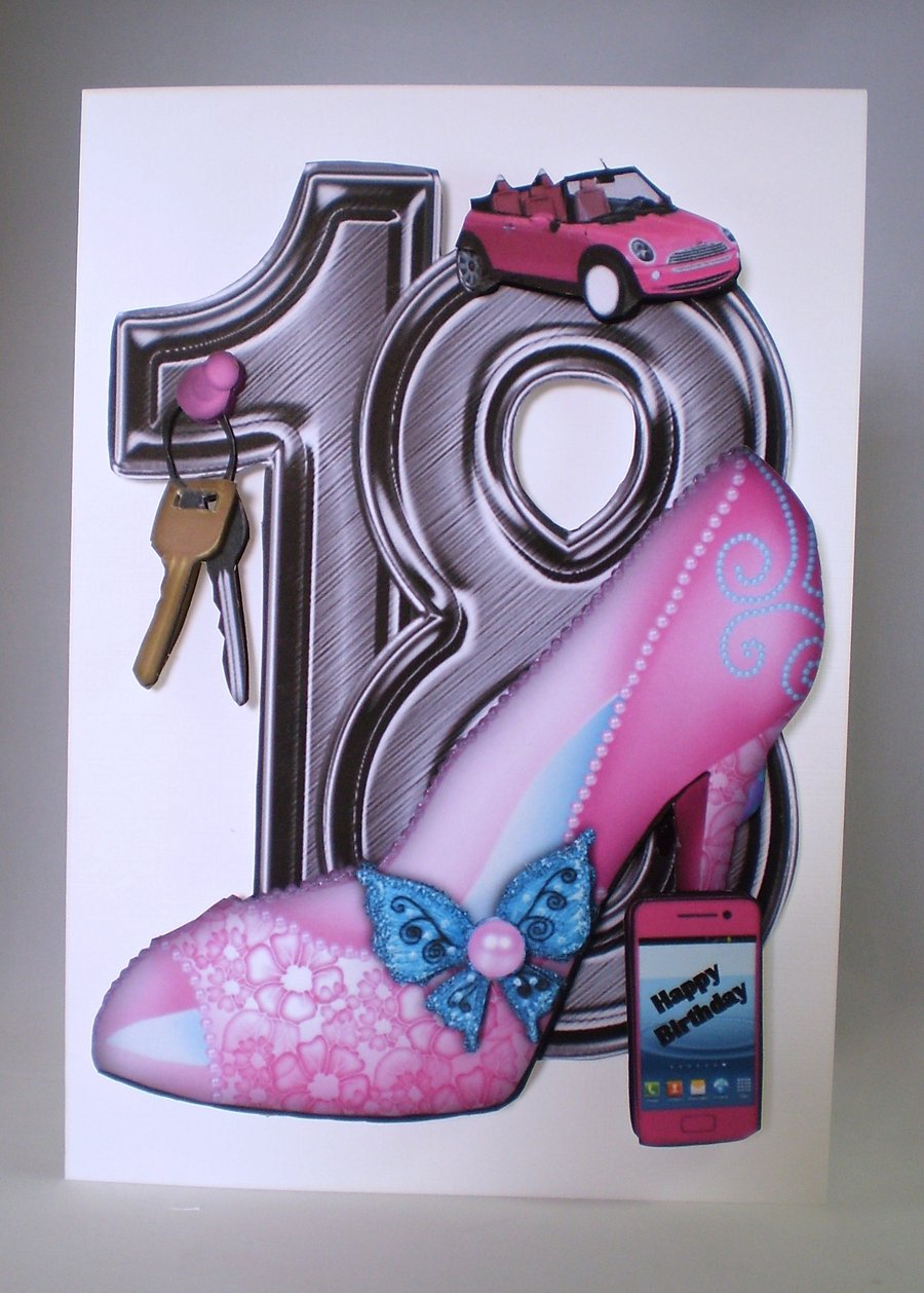 Handmade decoupage 3D 18th birthday card female,personalise