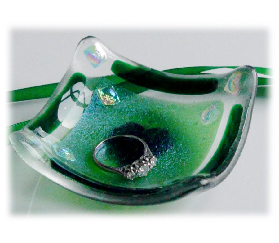 Earring Dish Fused Glass 7cm Green Deep