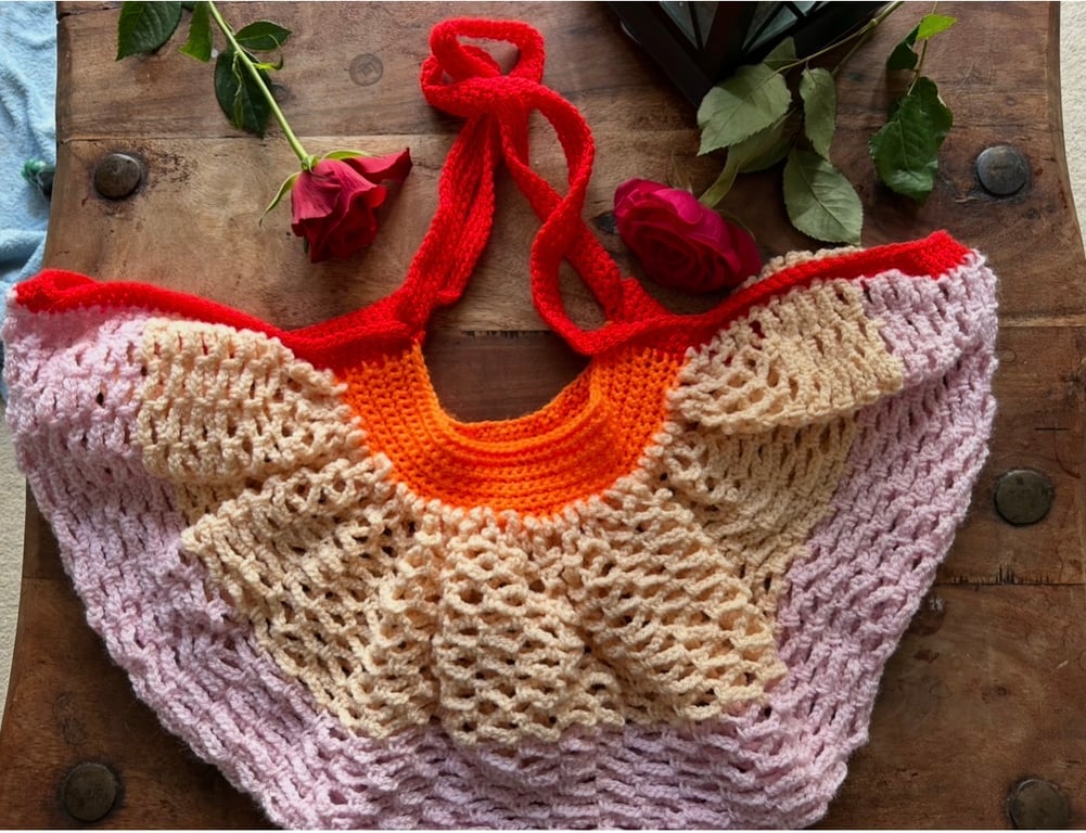 Handmade Crochet Market & Beach Bag – Wool – Red, Orange, Pink & Beige
