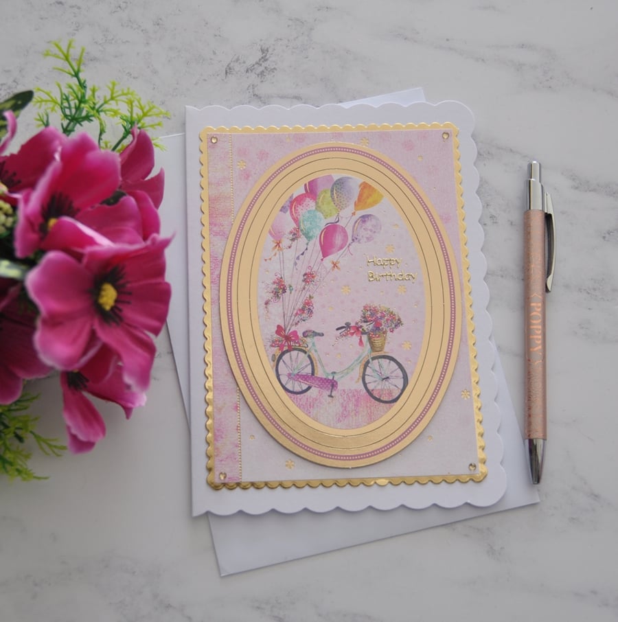 Happy Birthday Card Bicycle Balloons Flowers Gold 3D Luxury Handmade