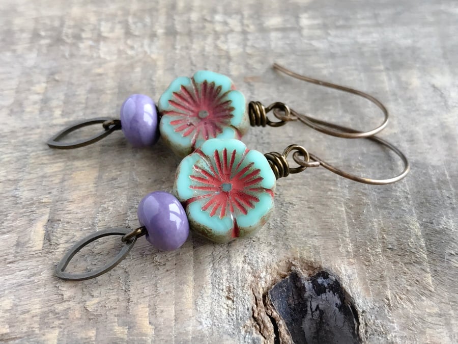 Mint & Lavender Floral Earrings. Green & Purple Czech Glass Flower Earrings