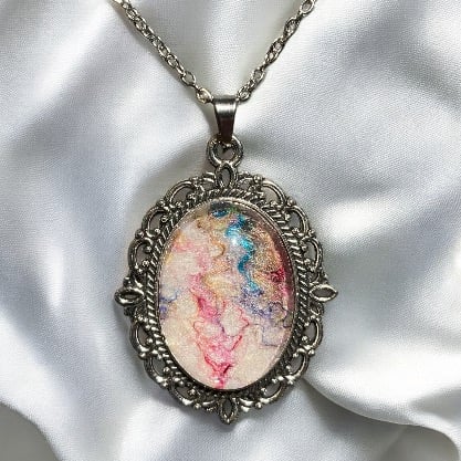 Vintage style necklace, felt under glass cabochon, white with multicolour fibres