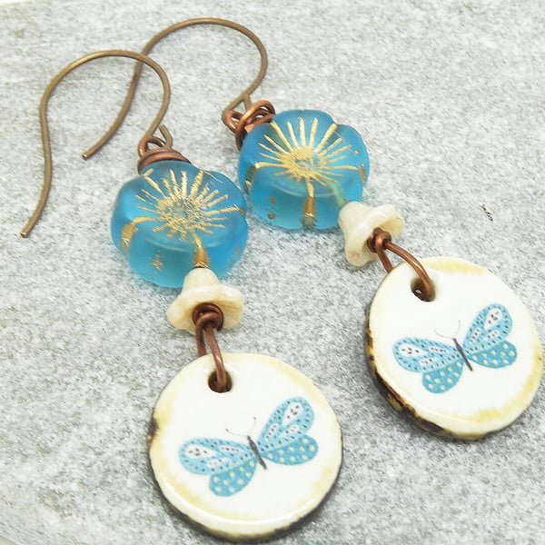 Czech Glass Earrings, Ceramic Earrings, Butterfly Earrings, Aqua Earrings, Cream