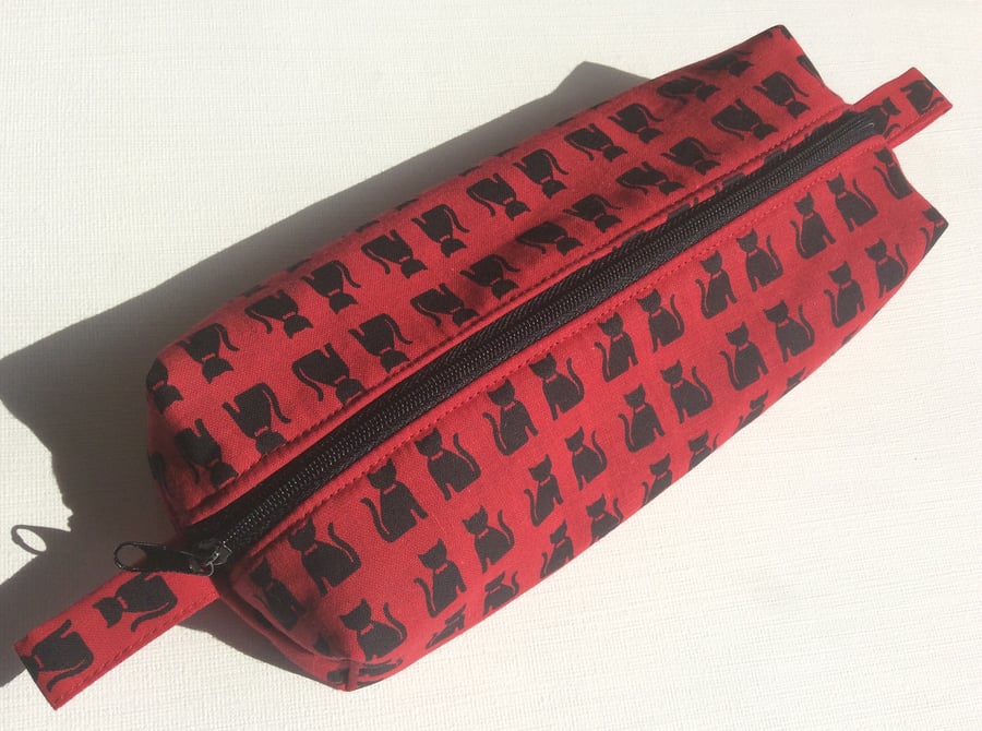  Pencil Case, Pencils, Paintbrushes, Make up, red with black cat pattern