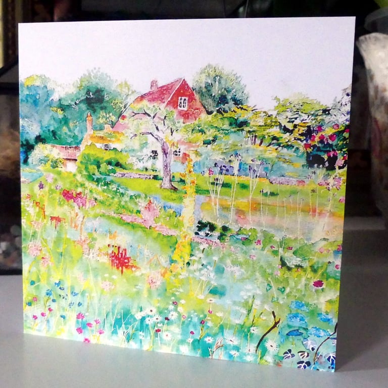 House & Summer Garden Blank Greeting Card from Original Watercolour Painting