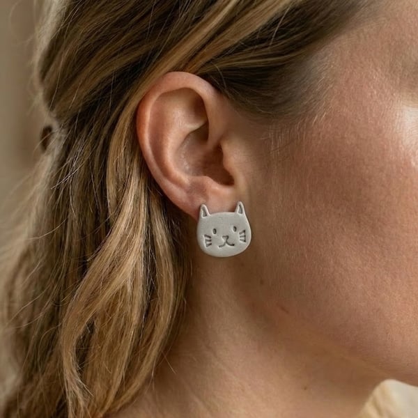  Cat Face Stud Earring - 1 Pair (6 Designs Available) - Gift for Cat Lovers