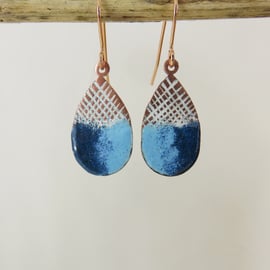 Enamel and Textured Copper Dangle Earrings with Two Colours