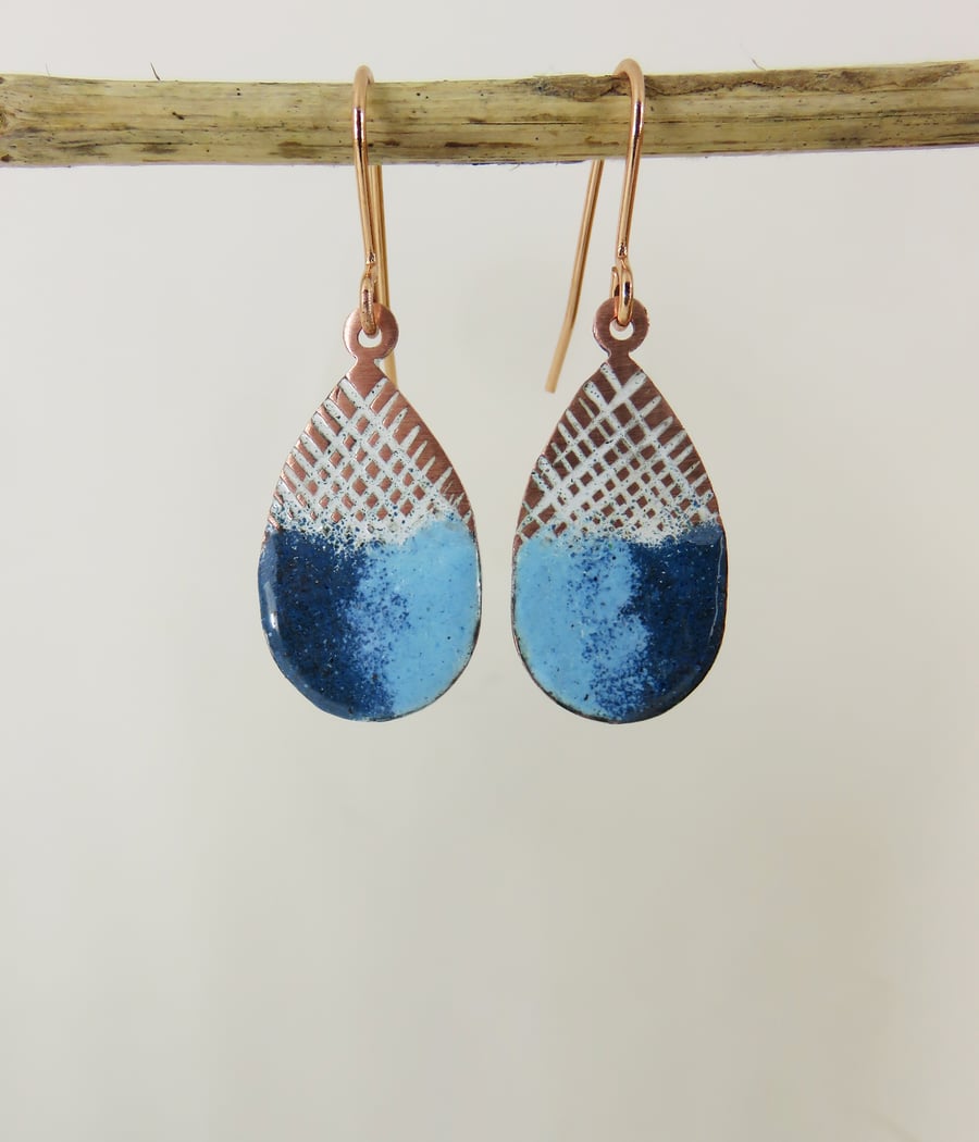 Enamel and Textured Copper Dangle Earrings with Two Colours