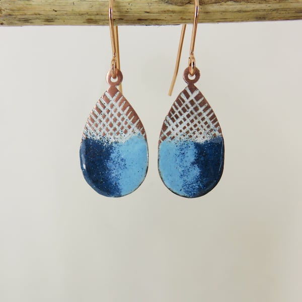 Enamel and Textured Copper Dangle Earrings with Two Colours