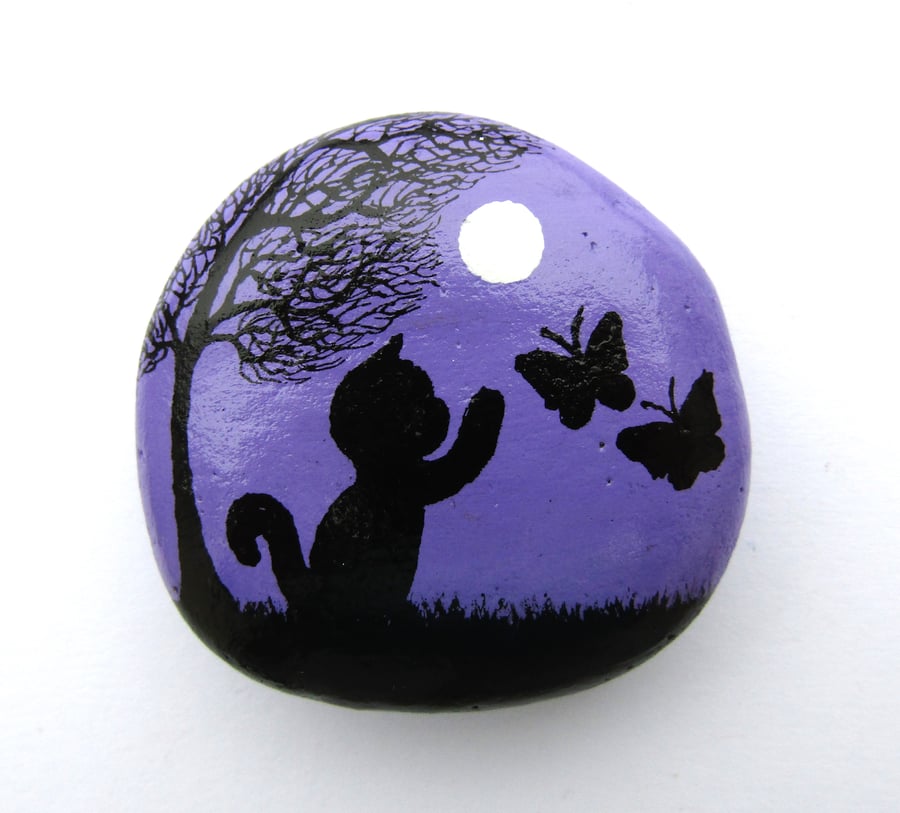 Cat Magnet, Hand Painted Pebble, Butterflies Tree Moon, Daughter Gift, Stone Art