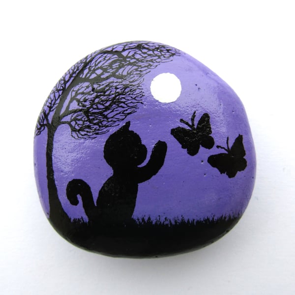 Cat Magnet, Hand Painted Pebble, Butterflies Tree Moon, Daughter Gift, Stone Art