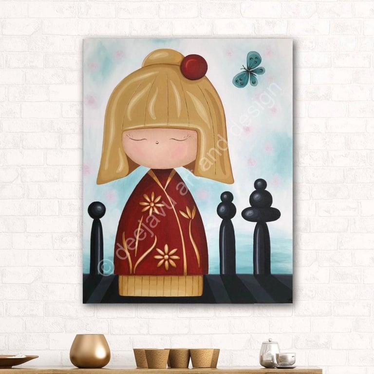 Original Japanese Kokeshi Doll Painting