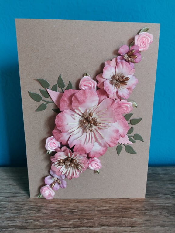 Pink flowers luxury handmade keepsake flower card - Handmade luxury keepsake