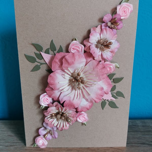 Pink flowers luxury handmade keepsake flower card - Handmade luxury keepsake