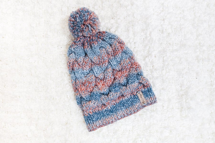 Chunky Cable Blue Mix Alyssa Hat. Pom Pom Hat. Hand Knitted Wool Blend Beanie.